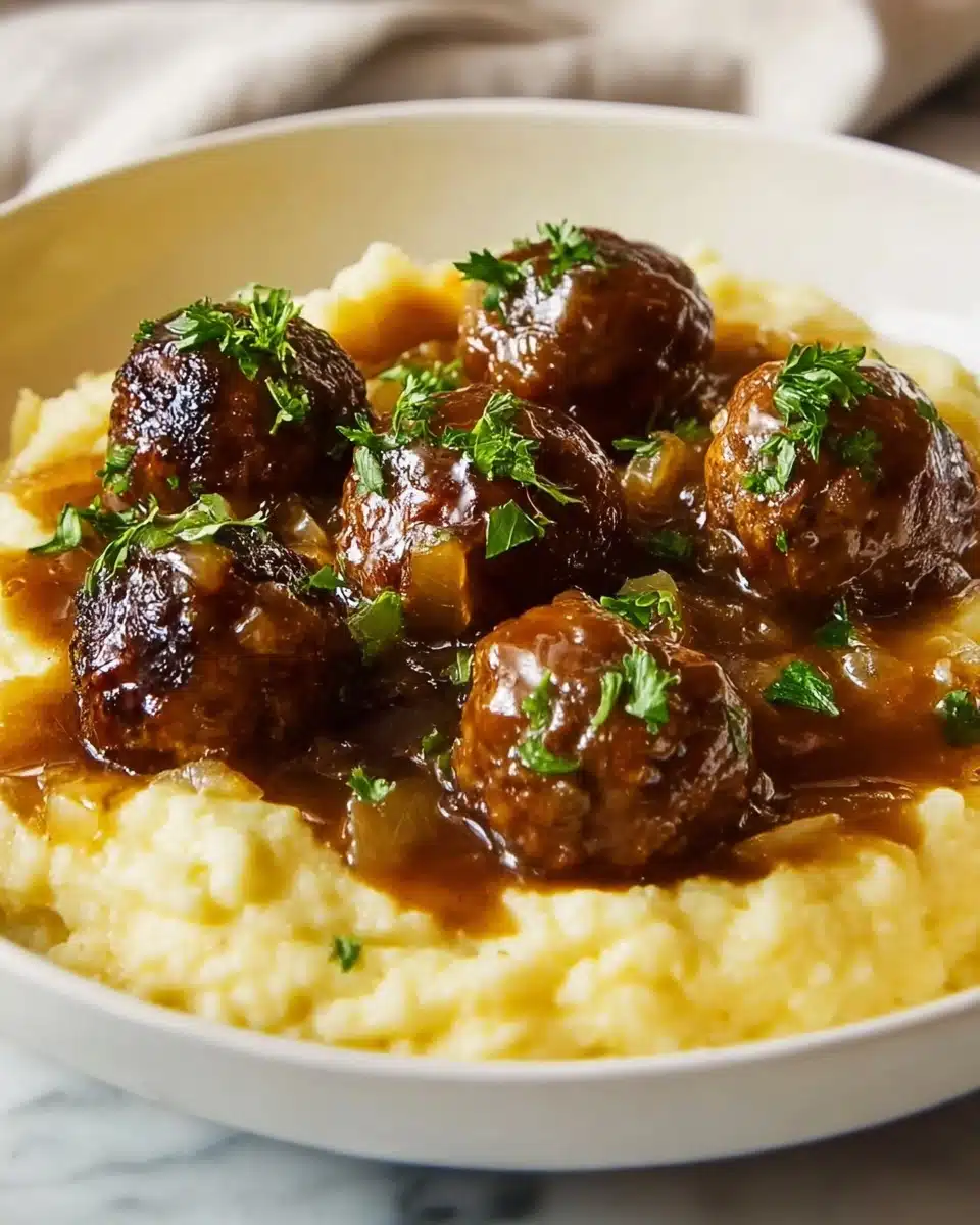 High Protein Salisbury Steak Meatballs with Garlic Herb Mash