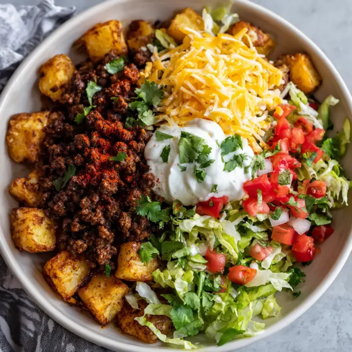 Loaded Potato Taco Bowl (Crispy Roasted Potatoes with Taco Beef)
