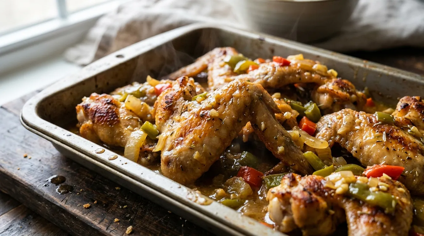 Smothered Chicken Wings with Bell Peppers and Onions