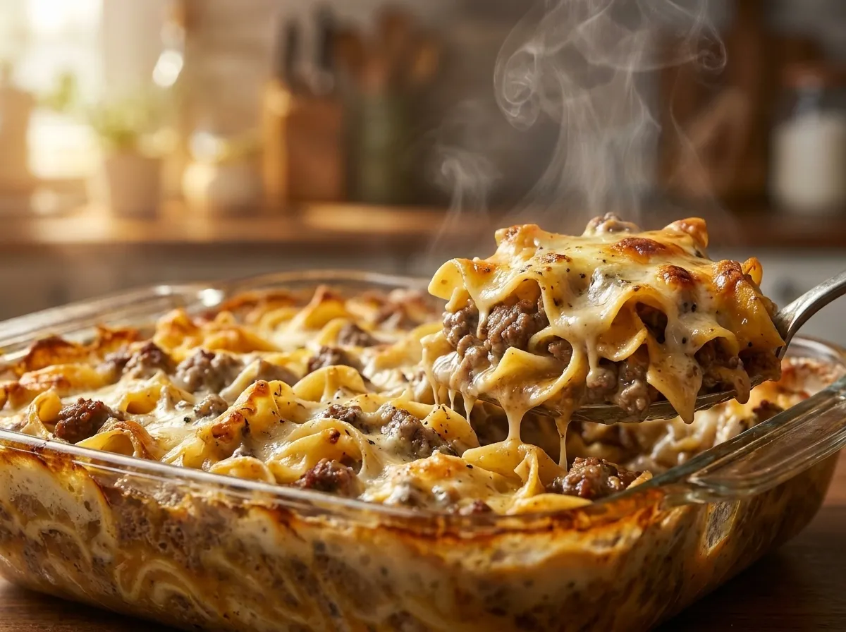 Oven Baked 4-Ingredient Amish Beef and Noodle Casserole