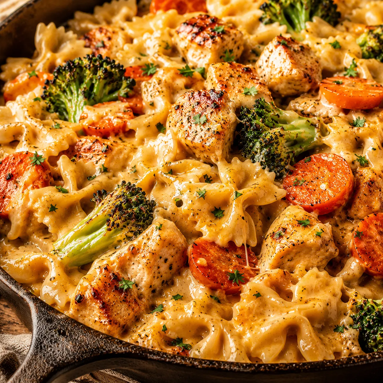Cheddar Havarti Chicken Bowtie Pasta with Roasted Broccoli & Carrots