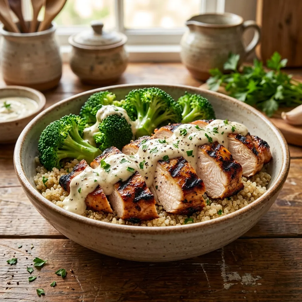 Grilled Chicken Broccoli Bowls with Creamy Garlic Sauce