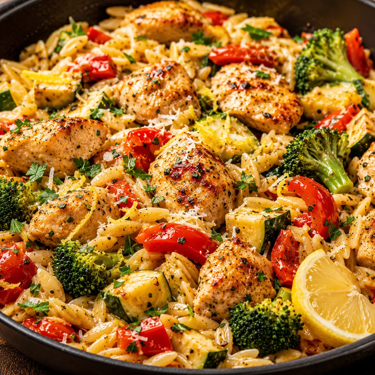 Lemon Chicken and Veggie Orzo Stir-Fry