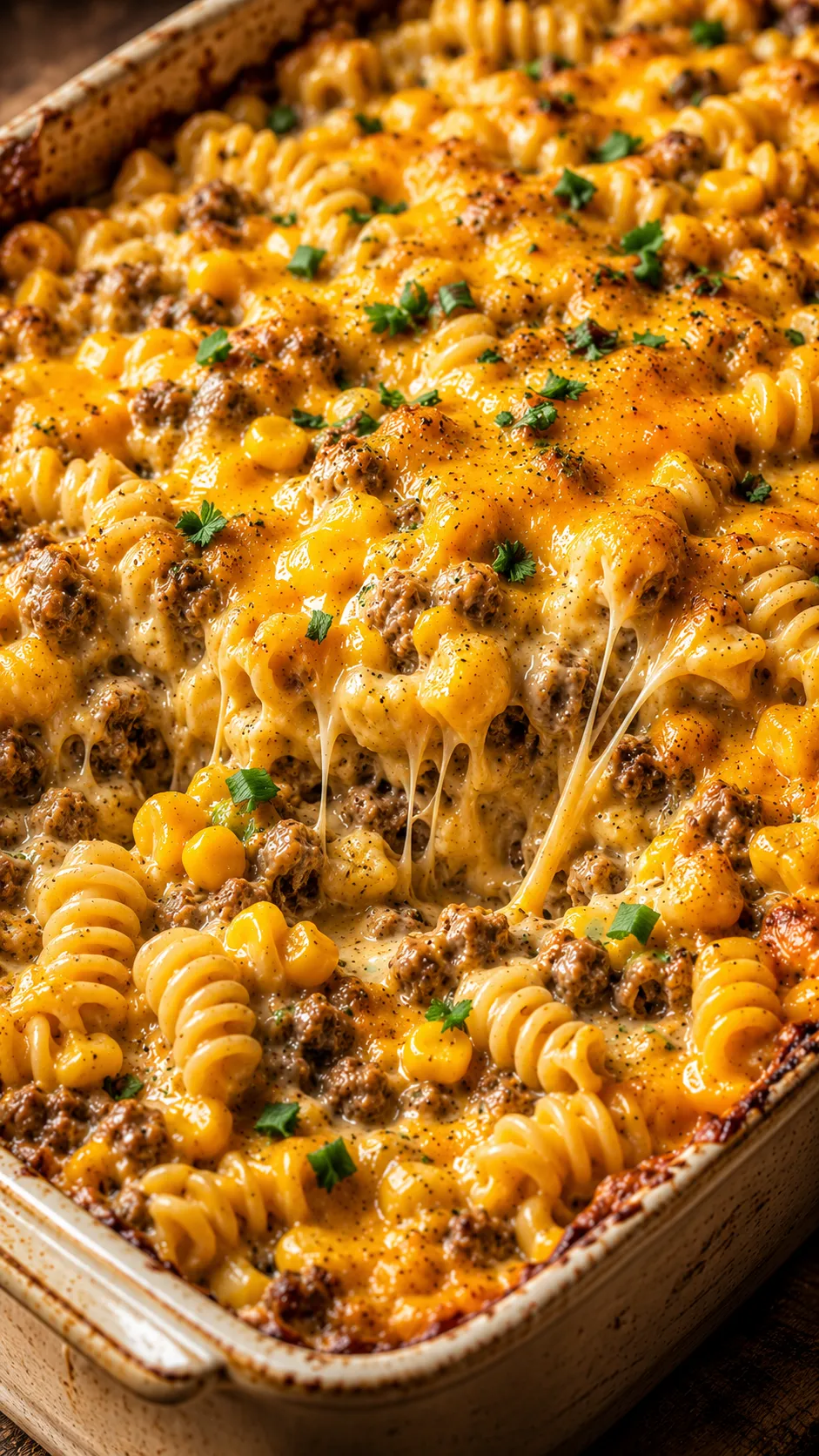 Loaded Cheddar Ranch Beef and Sweet Corn Rotini Bake