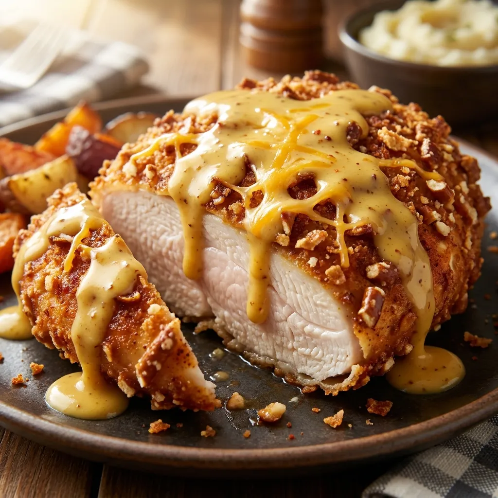 Pretzel Chicken with Mustard Cheddar Sauce