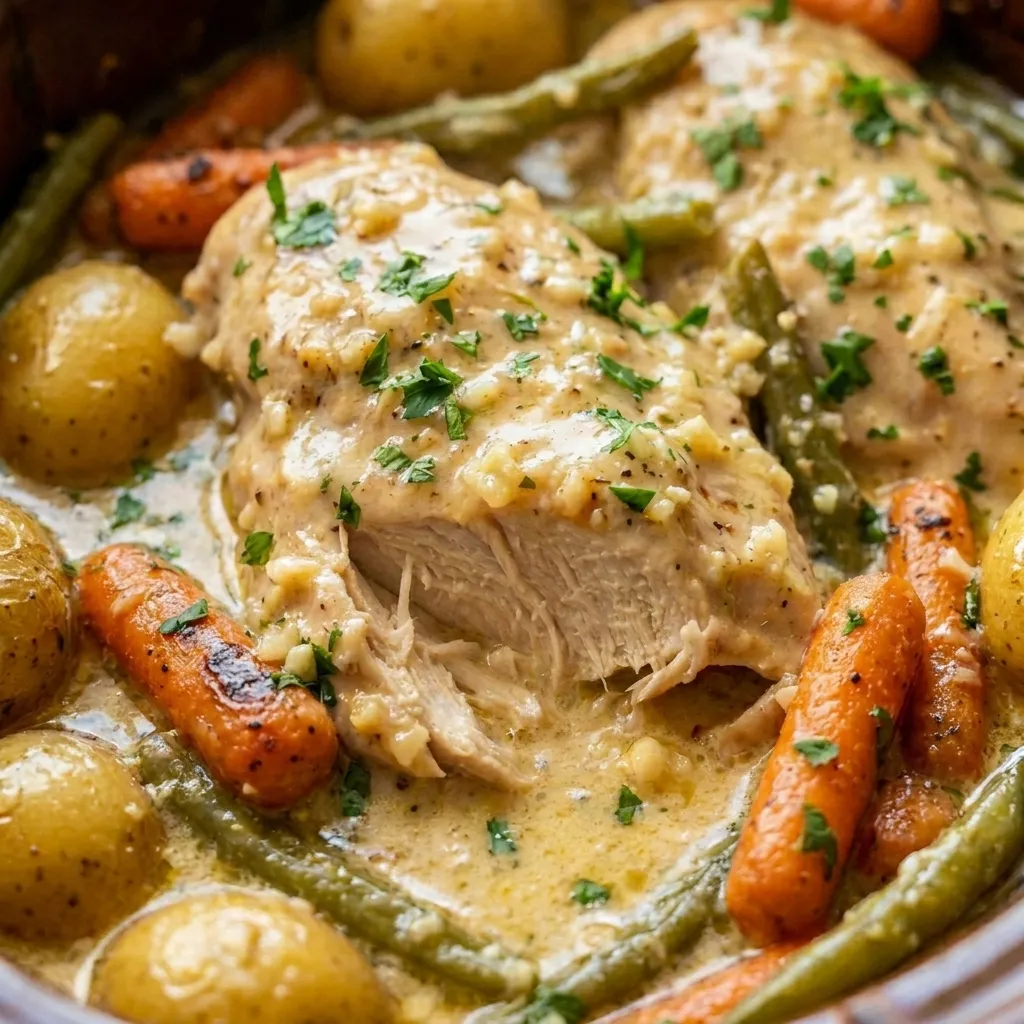 Savory Slow Cooker Creamy Garlic Chicken & Fresh Veggies