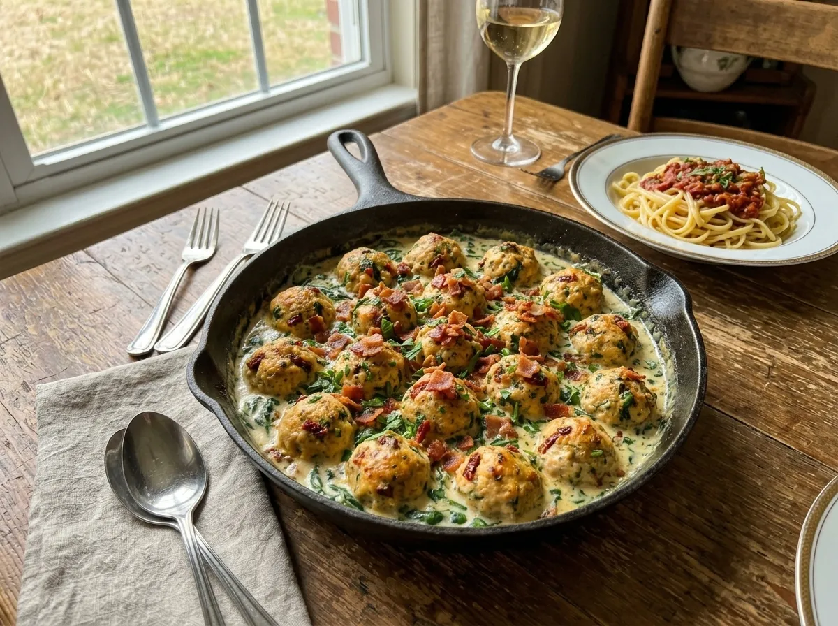 Baked Chicken Ricotta Meatballs with Spinach Alfredo Delight