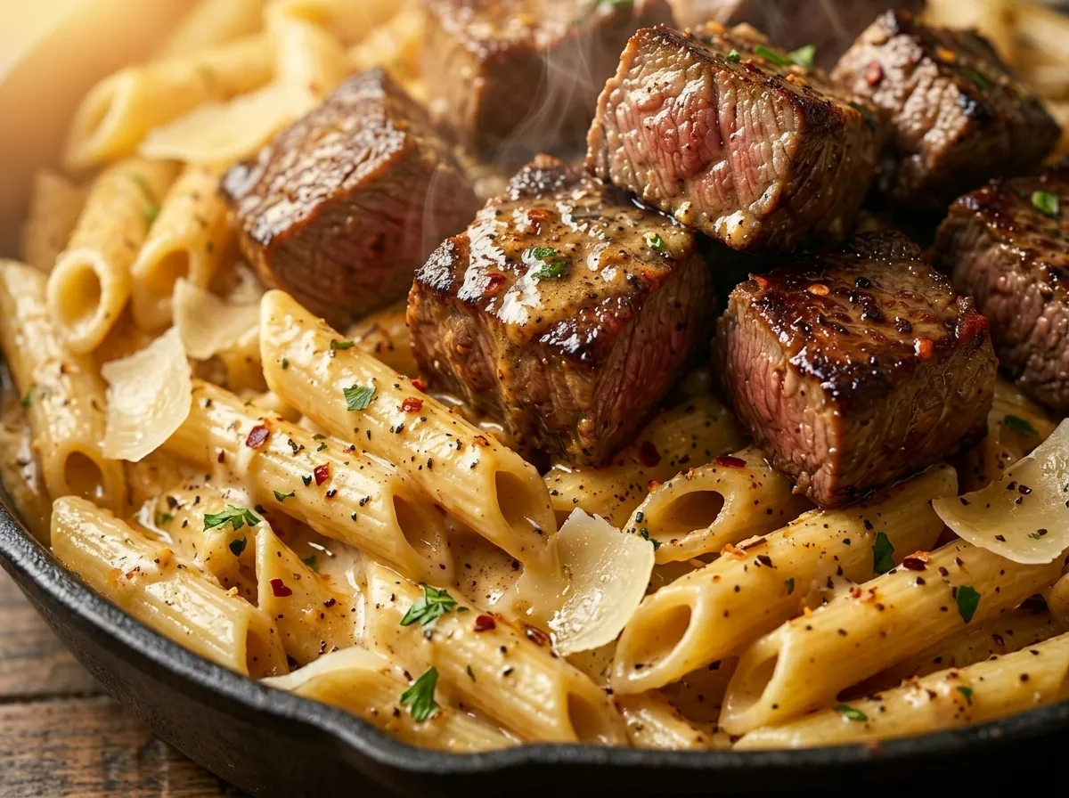 Creamy Cajun Spicy Garlic Butter Steak Pasta Skillet