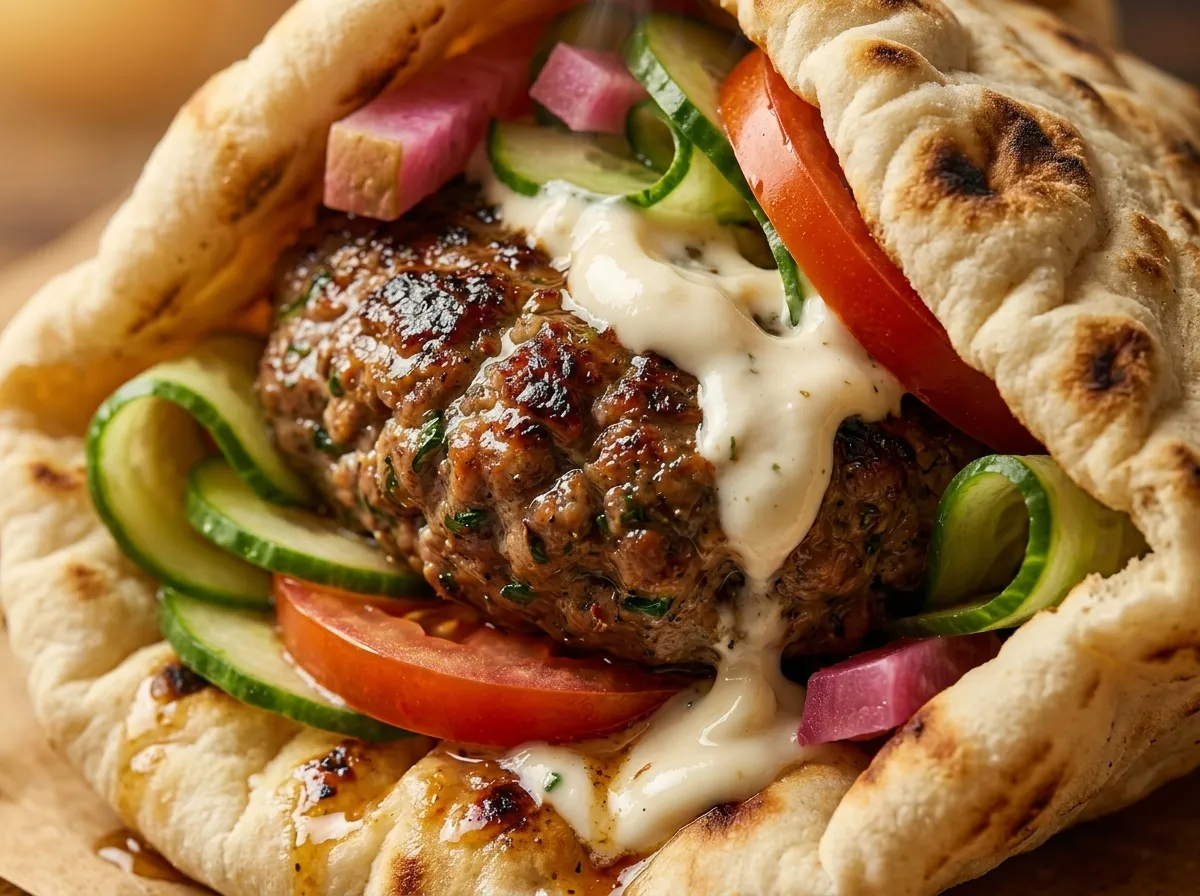 Lebanese Kafta Burger with Creamy Garlic Toum and Pita
