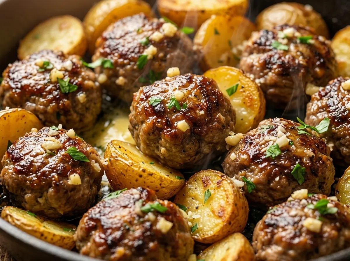 Garlic Butter One-Pan Meatballs and Potatoes