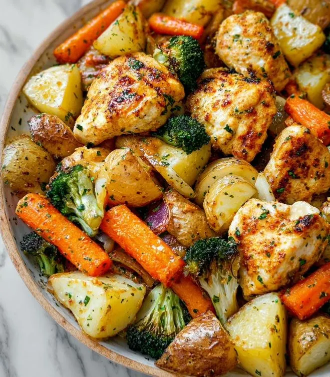 One Pan Roasted Garlic Parmesan Chicken and Veggies