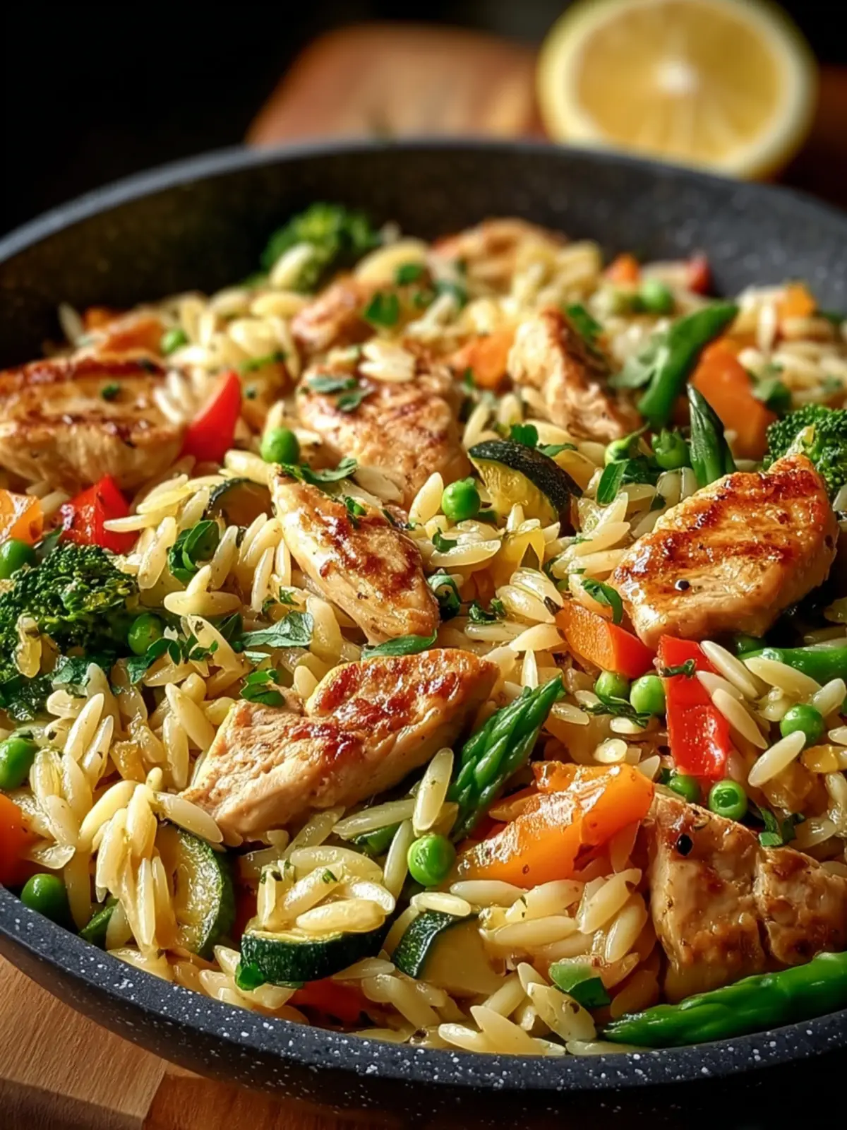Lemon Chicken and Veggie Orzo Stir Fry