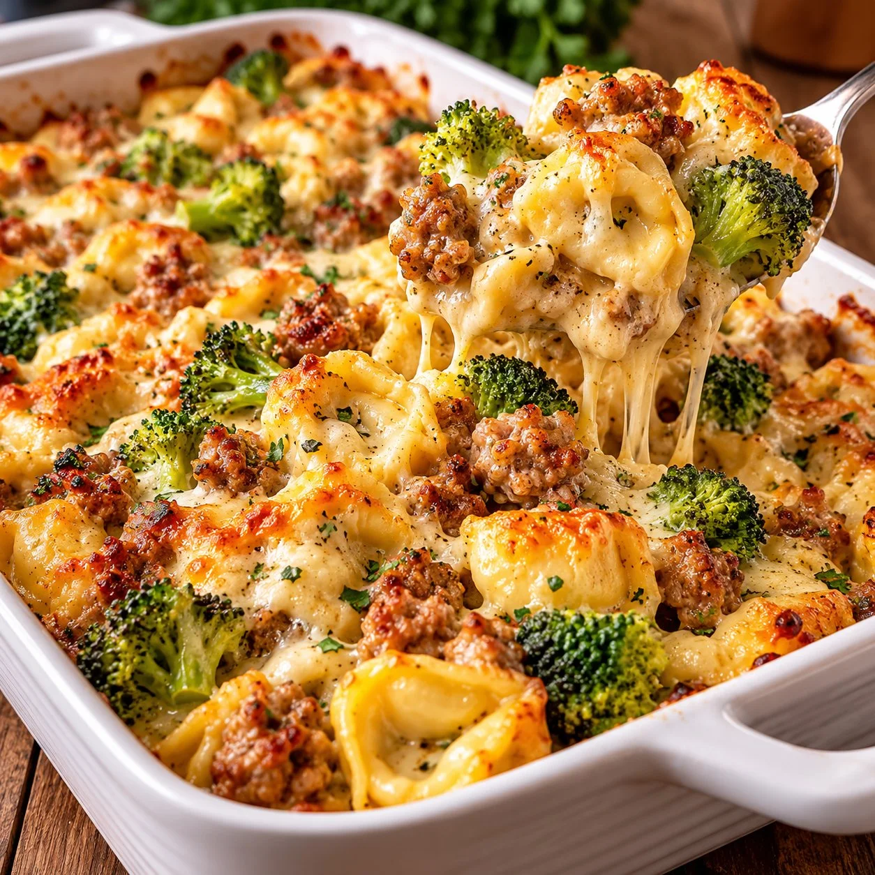 Easy Cheesy Baked Broccoli Sausage Tortellini | Family Dinner Favorite