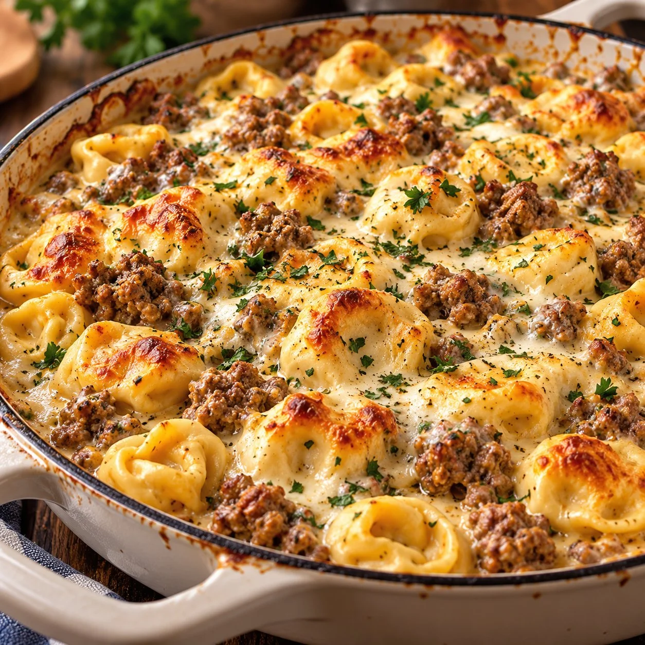 Creamy Four-Cheese Ground Beef Tortellini