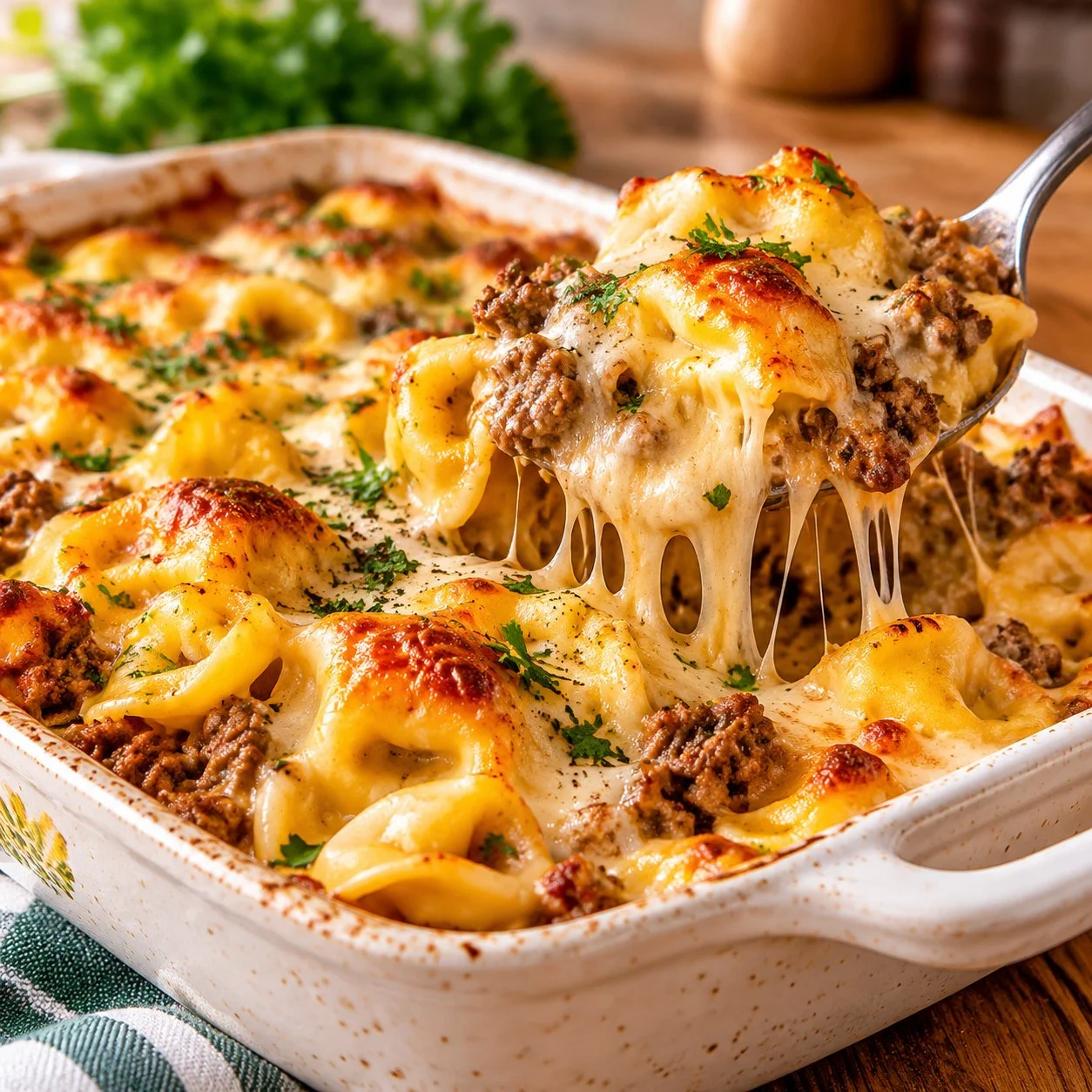 Creamy Four-Cheese Ground Beef Tortellini