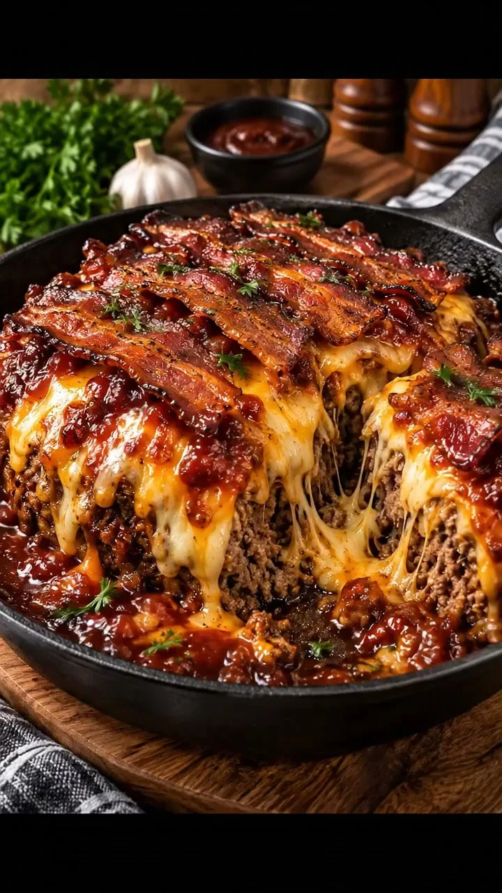 Firecracker Smoked Bacon Triple-Cheese Meatloaf Skillet
