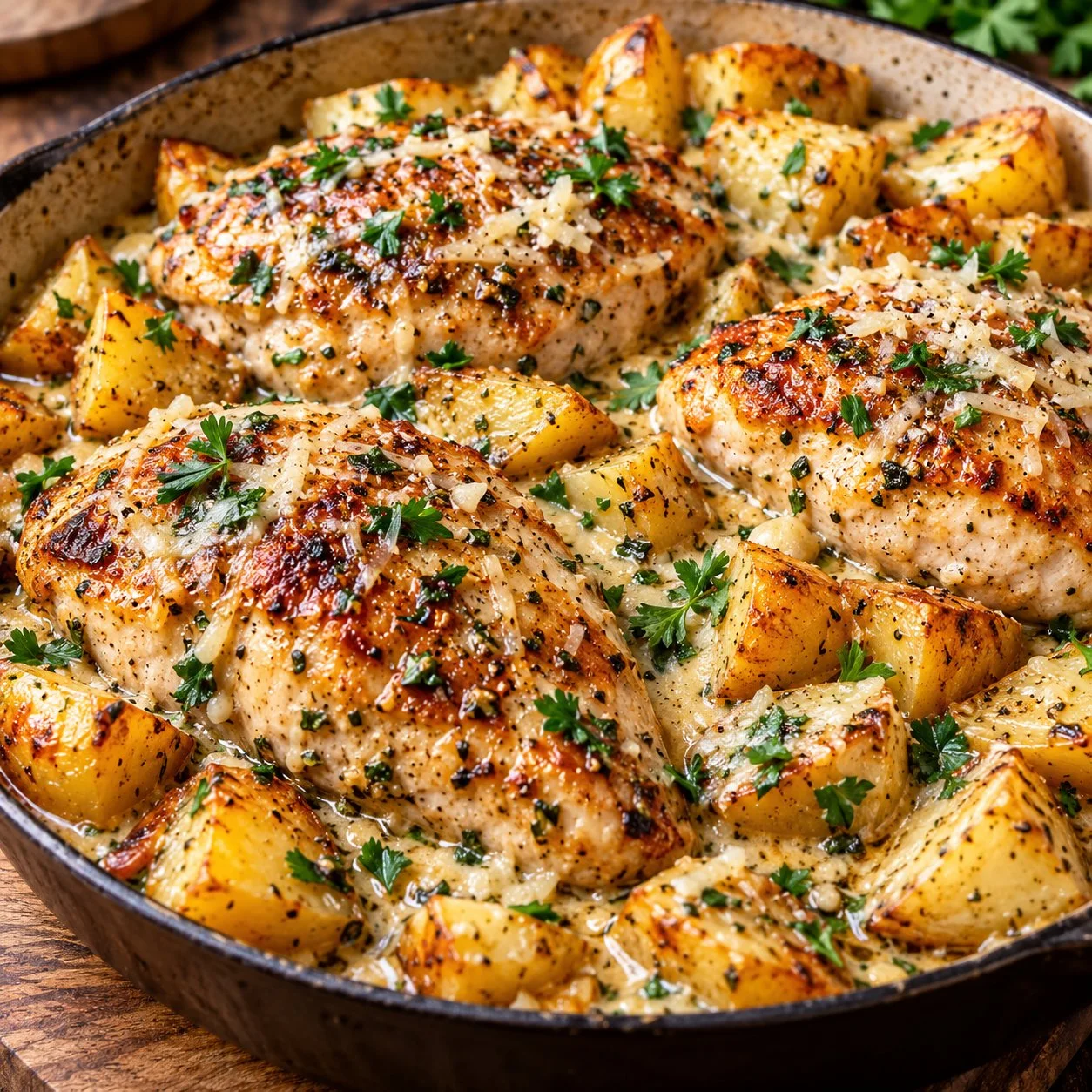 One-Pan Garlic Parmesan Chicken and Potatoes Skillet Recipe